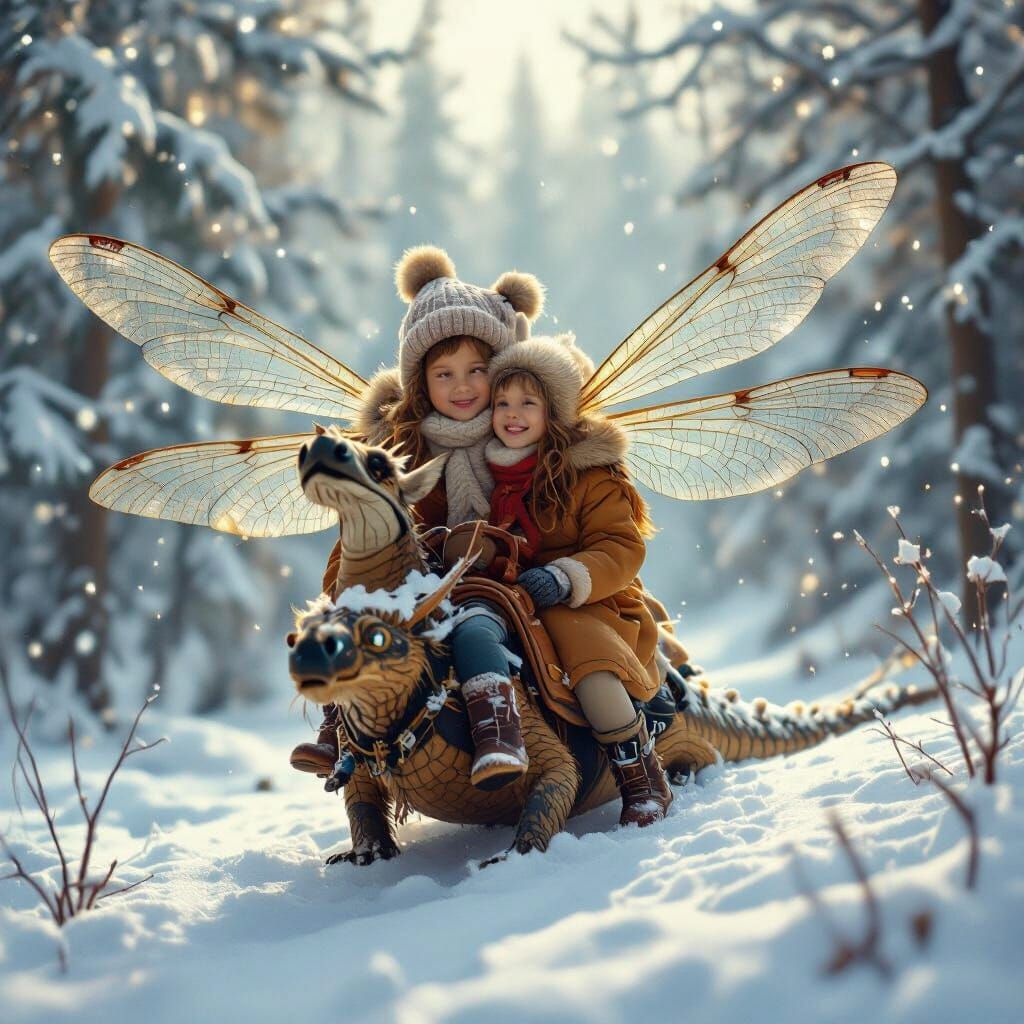 Children Fly on Dragonfly Wings Over Snowy Forest