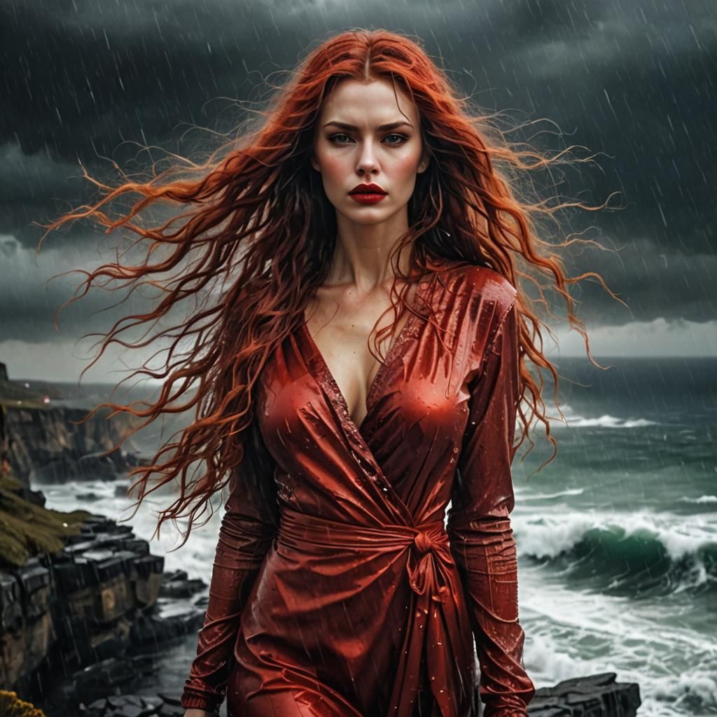 Stunning Woman with Amber Hair in Stormy Night