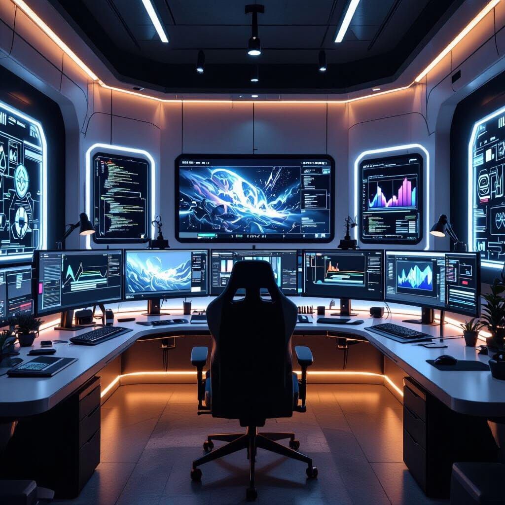 Futuristic Video Editing Suite in Cyberpunk Style