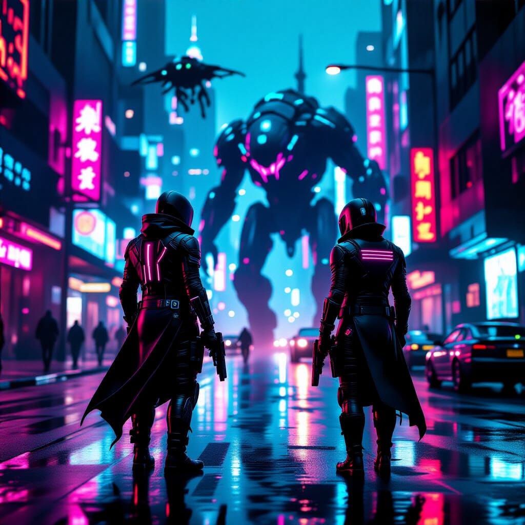 Cyberpunk Guardians Battle in Dystopian Cityscape