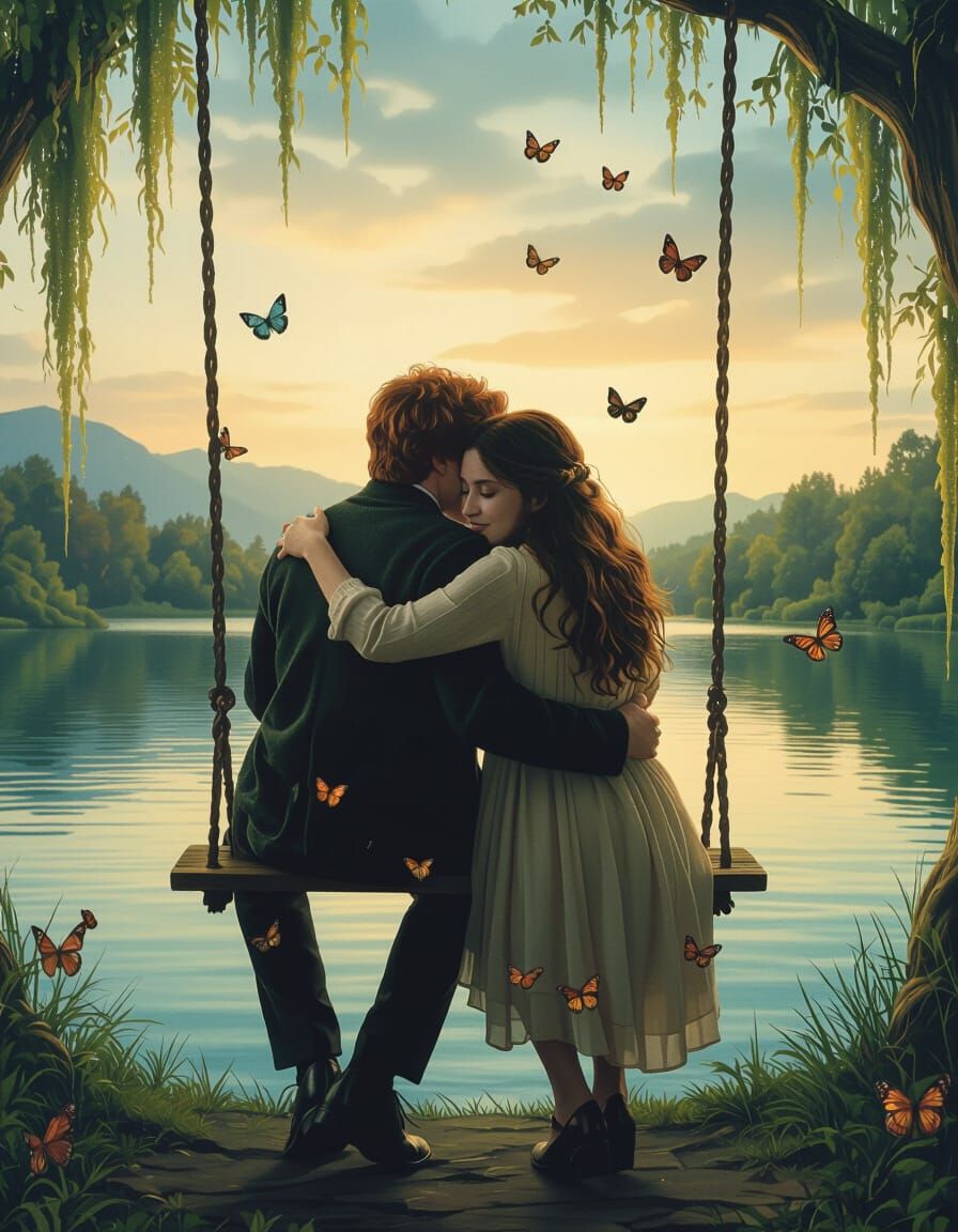 Ron and Hermione Embrace in Dreamlike Oil Painting