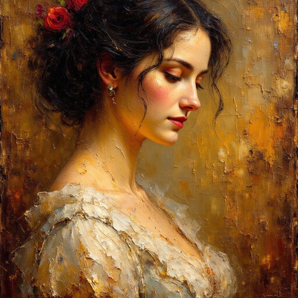 Demure Woman: Oil Portrait in Impasto Style