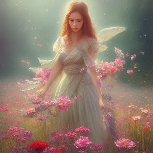 Beautiful Maiden Surrounded by Flowers in Fairytale Style