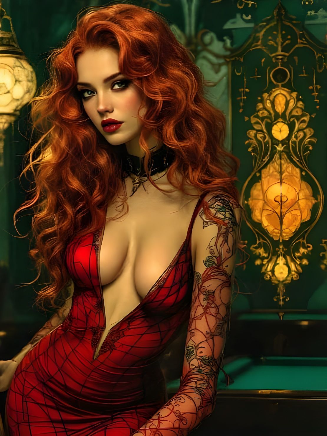 Art Nouveau Woman with Pool Cue in Luminous Hall