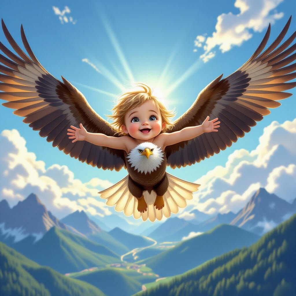Baby Soaring on Eagle Above Clouds