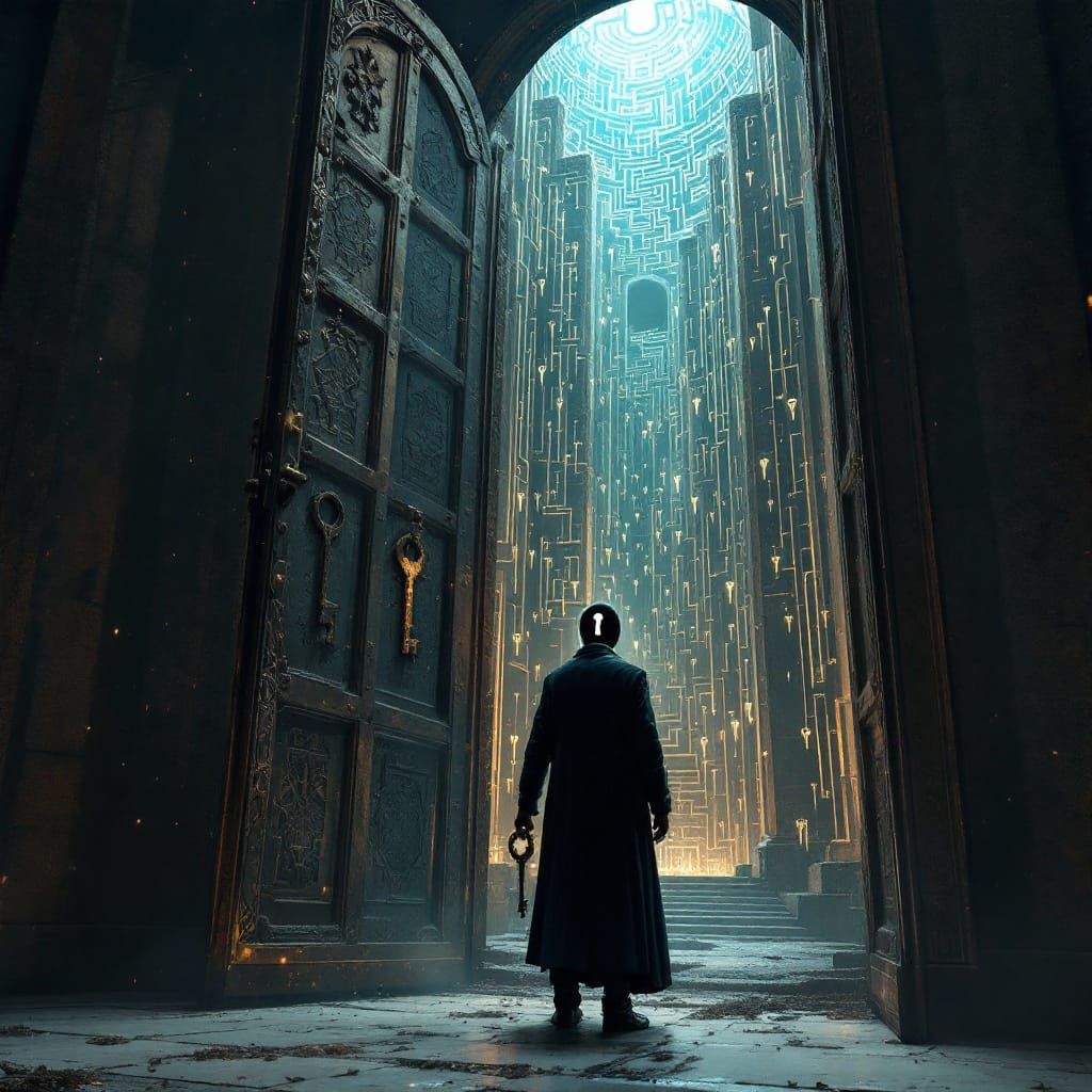 Mysterious Figure Before Ancient Door, Holding Key to Hidden...