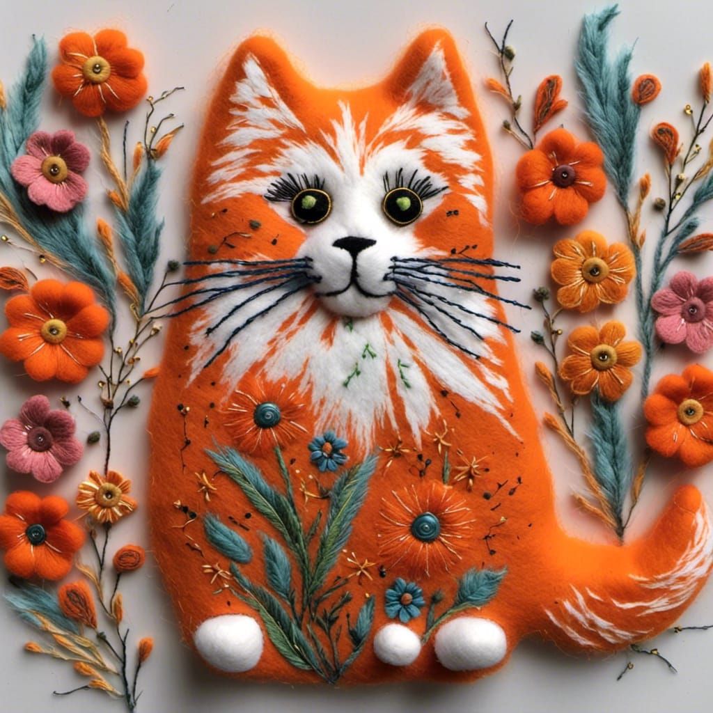 Embroidered Felt Cat with Floral Accents