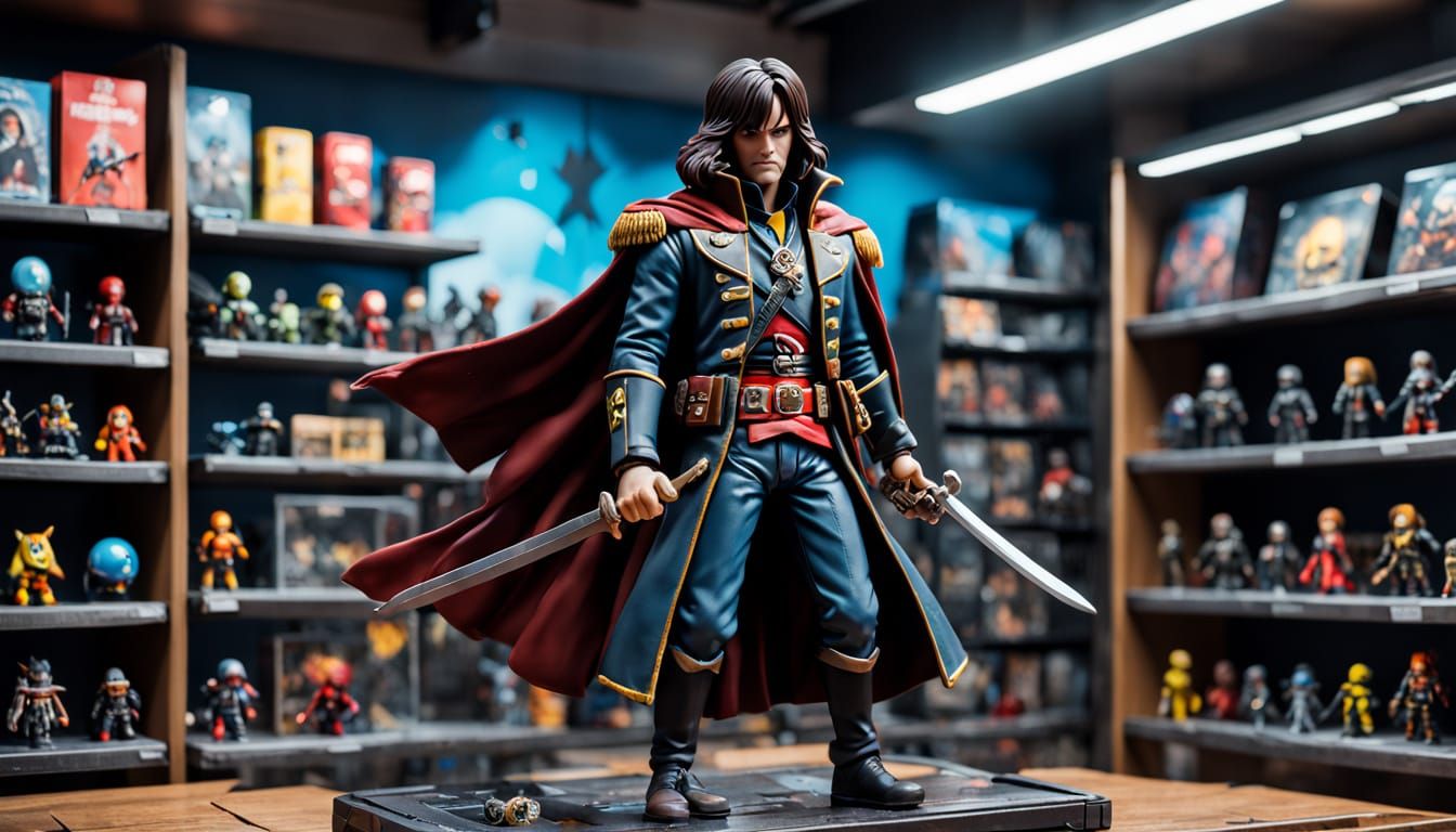 Vibrant Toy Store Scene with Captain Harlock Action Figure