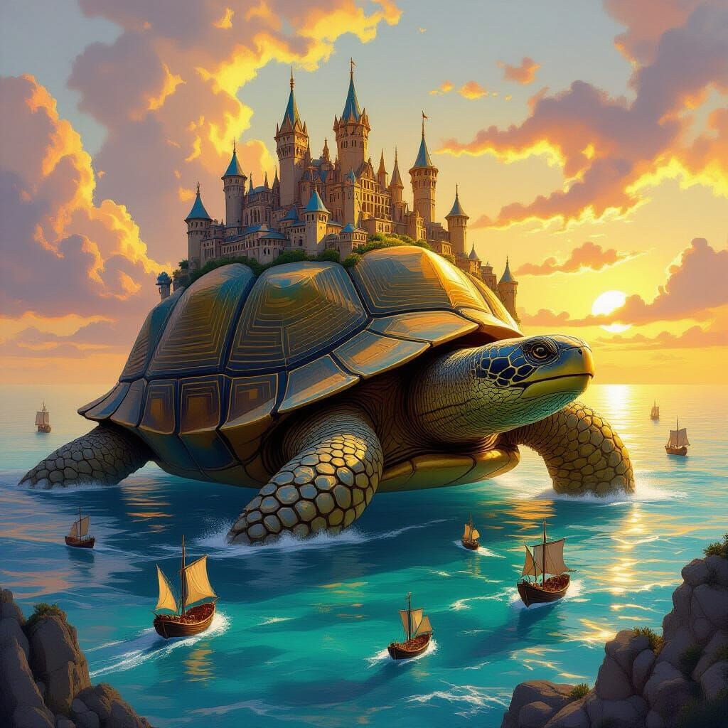 Medieval City Rests on Giant Tortoise Sailing Ocean