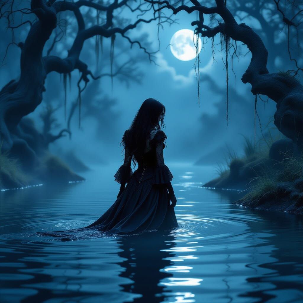 Gothic Woman Emerges from Misty Lake