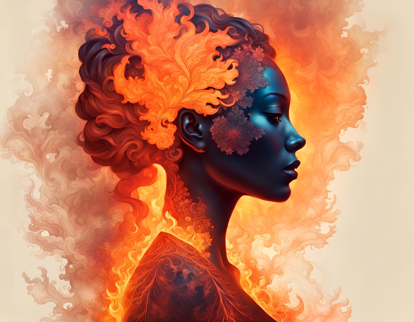 Vibrant Fire Goddess Silhouette in Double Exposure Art