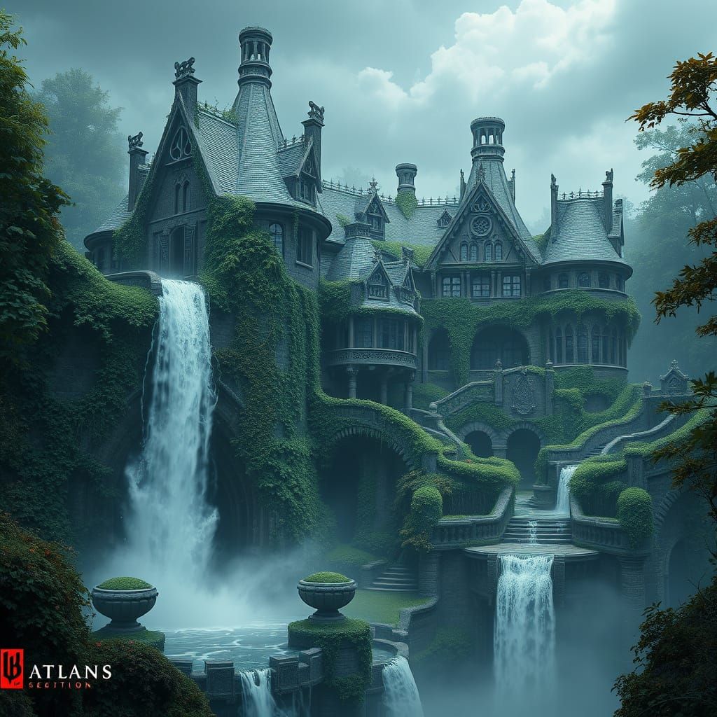 Ethereal Waterfall Estate in Dreamlike, Mystical Style