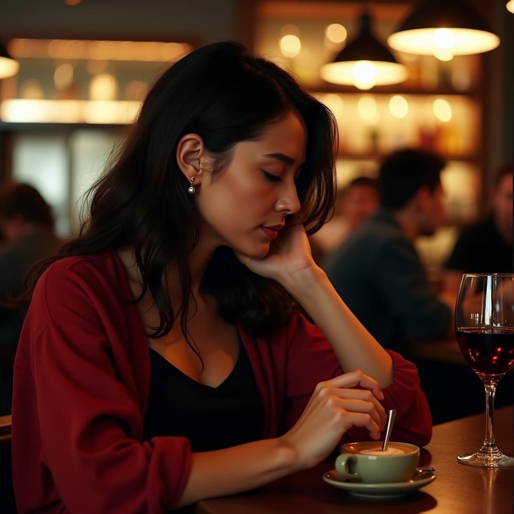 Young Woman Stirring Latte in Atmospheric Bar Scene