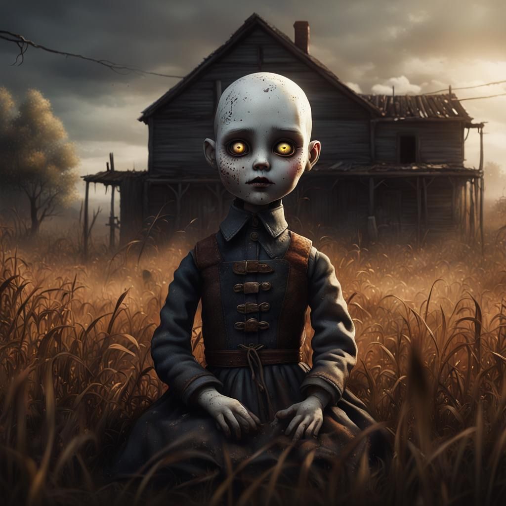 Creepy Doll in Field: Hyperrealistic Digital Art
