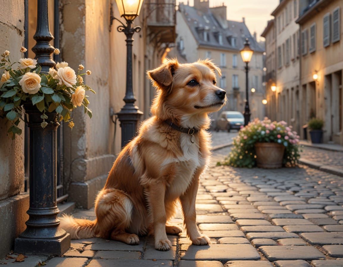 A touching and poetic illustration of a small abandoned dog,...