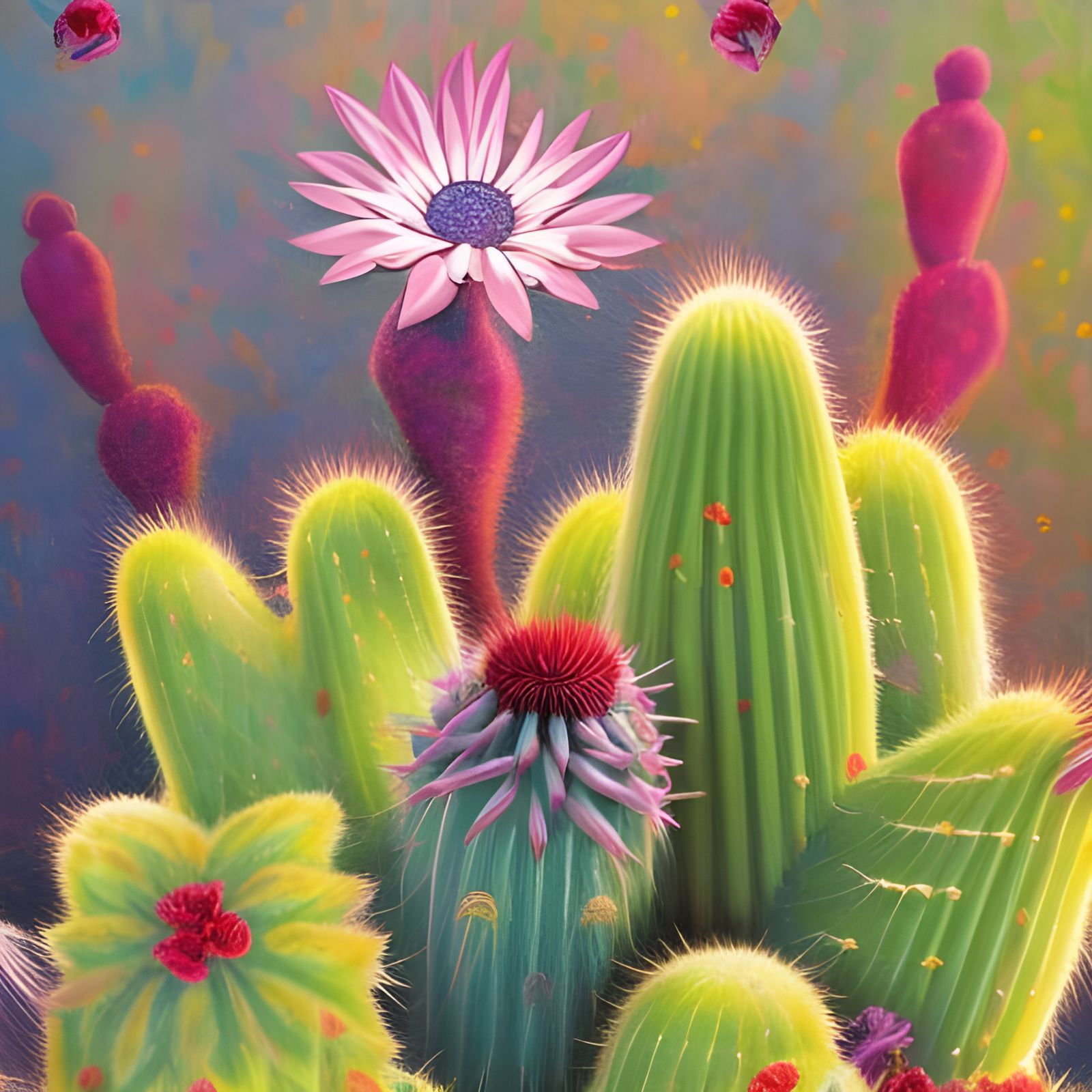 Blooming Cactus Family in Winter Wonderland, Illustration