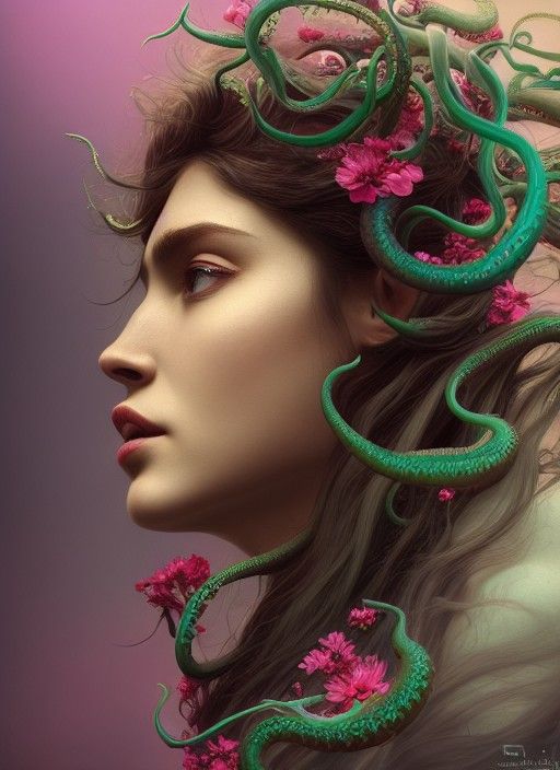 Glowing Portrait with Floral Tentacles, Photorealism 3D Shad...