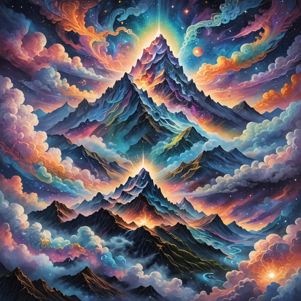 Majestic Mountain Rises in Cosmic Mixed Media