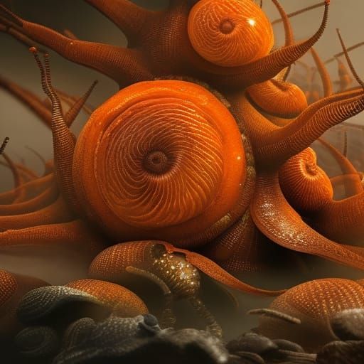 Orange Snails in Epic Maximalist Digital Painting
