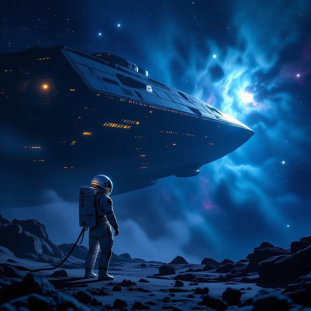 Astronaut Adrift Near Derelict Ship in Cosmic Nebula