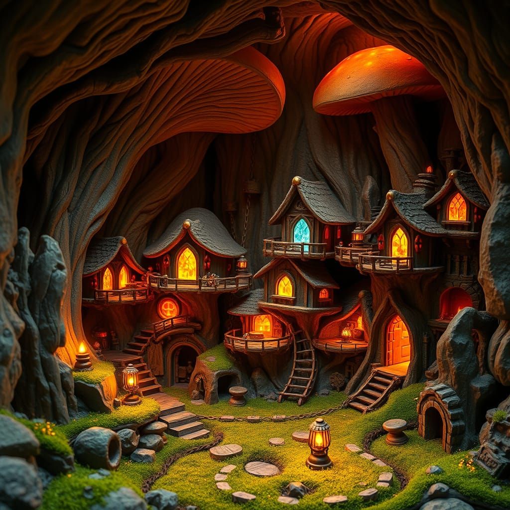 Mushroom Village of the Dwarves in a Glowing Earthy Cavern