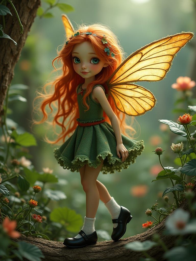 Whimsical Fairy with Intricate Wings in Lush Greenery
