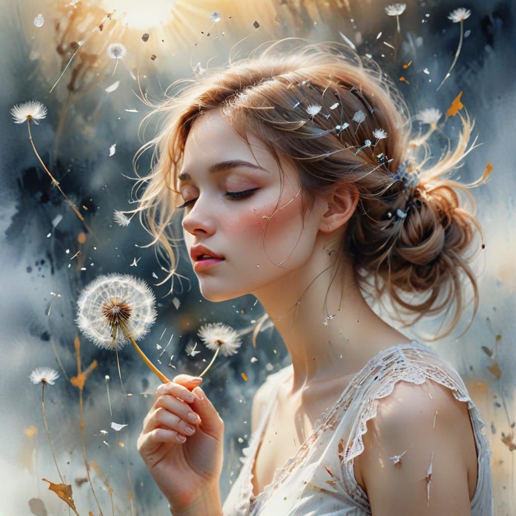 Ethereal Girl Among Dandelions in Delicate Watercolor