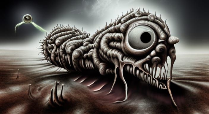 !
Create a Giger and Dali-style horror masterpiece exploring the depths of the human psyche.   barren desert wasteland. ...