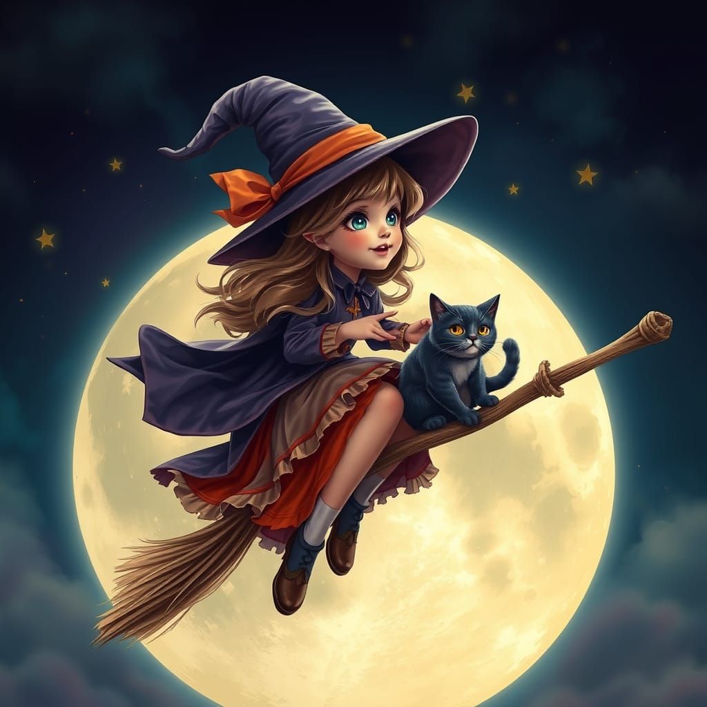 Whimsical Young Witch Soars Under Full Moon