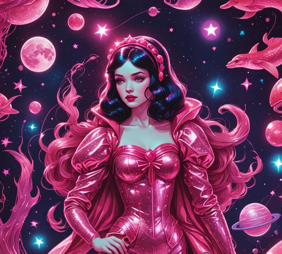 Snow White Space Mermaid in Synthwave Neon Style