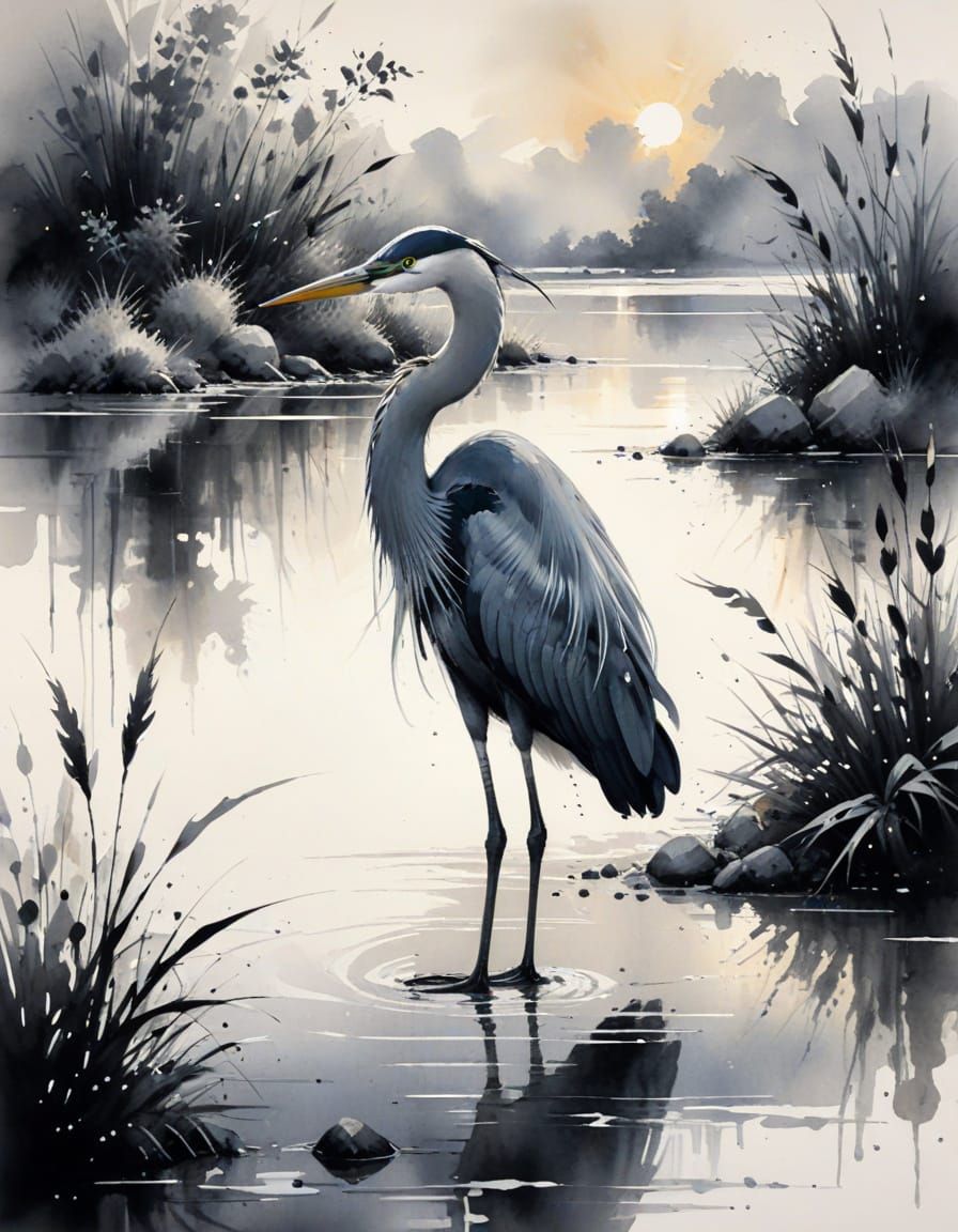 Heron on Sunlit Shore in Expressive Watercolor Style
