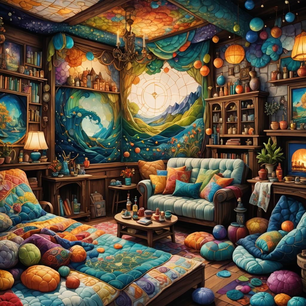Imaginative scenes that transport viewers into cozy interiors adorned with quilted blankets, pillows, and wall hangings,...