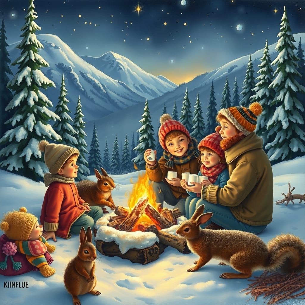 Winter Family Bonfire Scene with Whimsical Wildlife