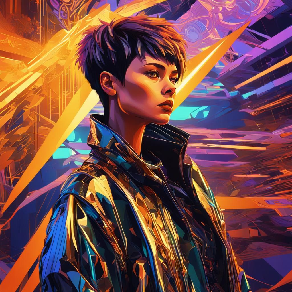 Futuristic Woman in Abstract Neon Landscape