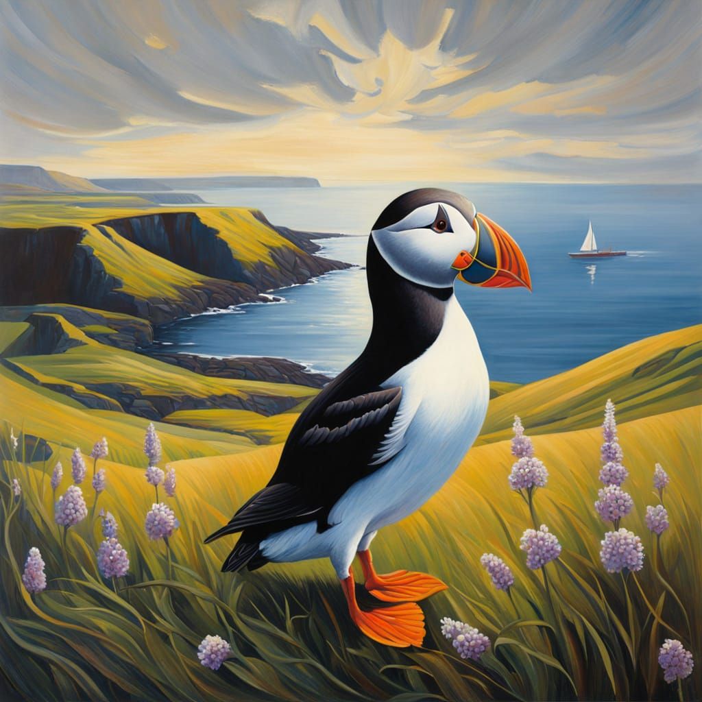 Painting of a puffin in an icelandic landscape