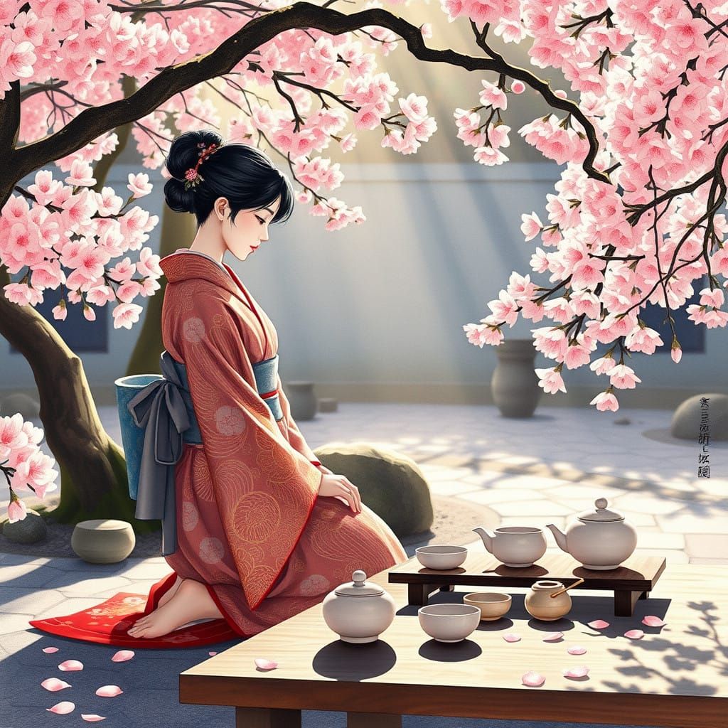 Elegant Japanese Woman in Serene Zen Garden Landscape
