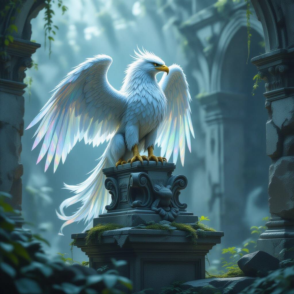 Majestic Griffin in Misty Ruins with Y2K Holographic Feather...