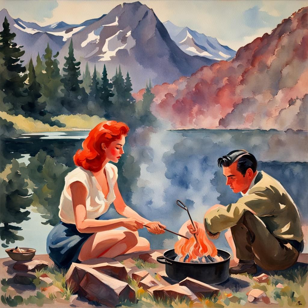 Campfire Breakfast by the Lake: Gouache Impressionism