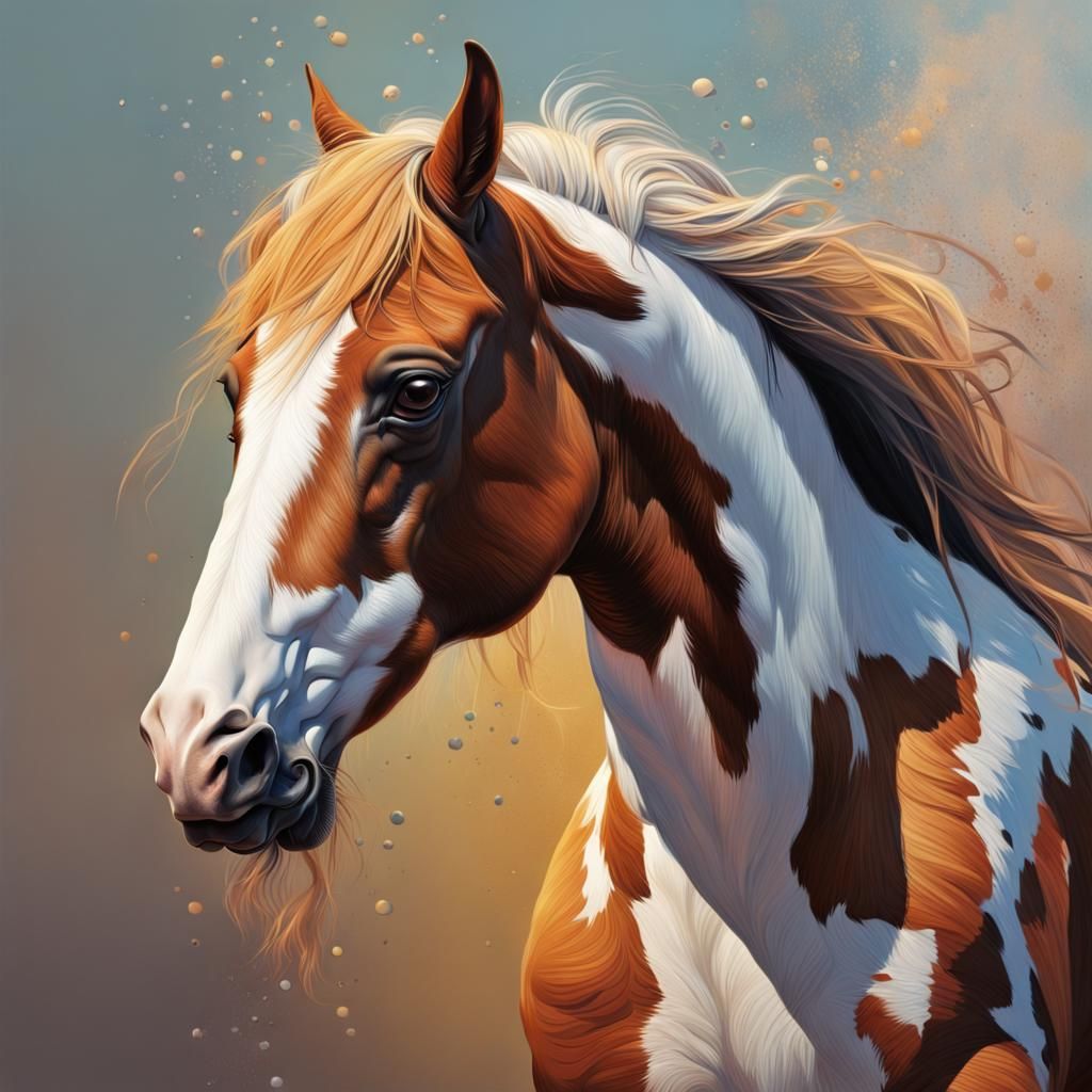 Hyperrealistic Pinto Horse Portrait in Splash Art Style