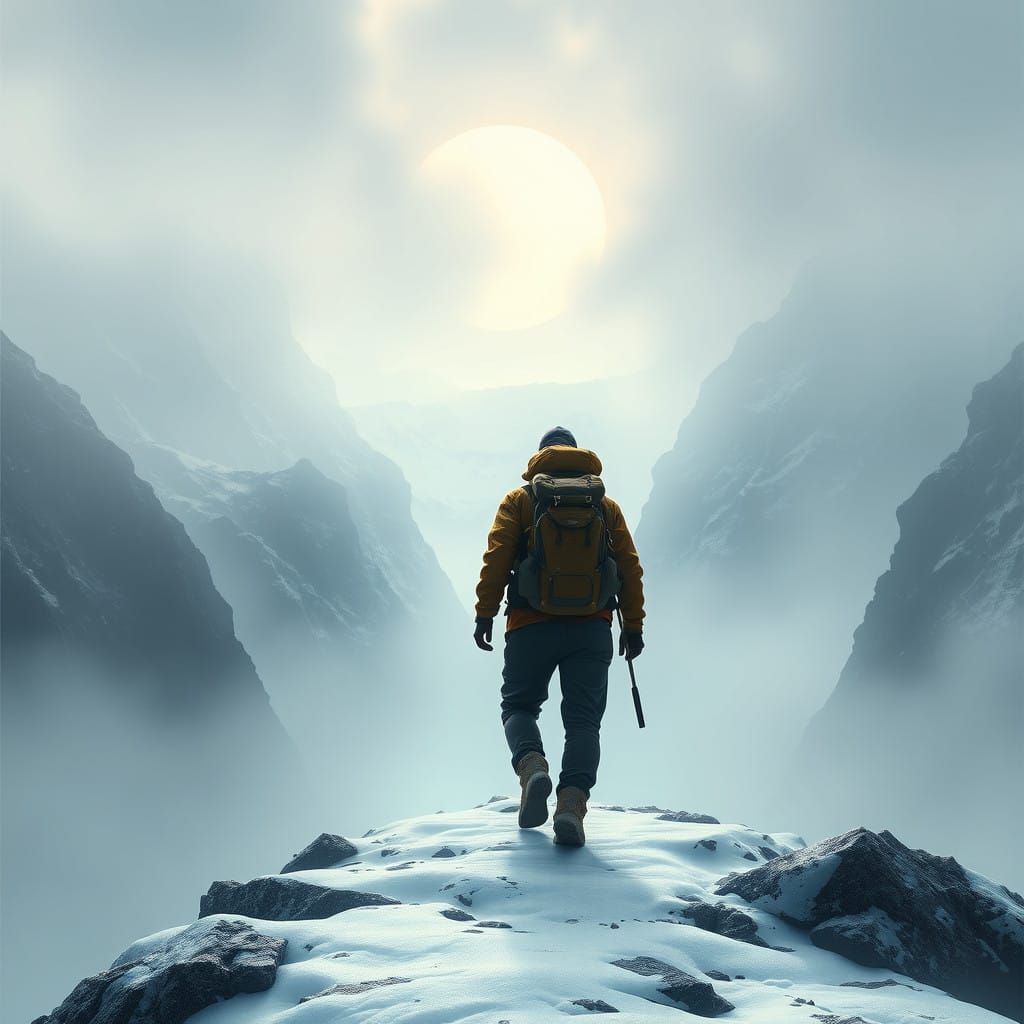 Ethereal Hiker Descends into Frosty Fjord Landscape
