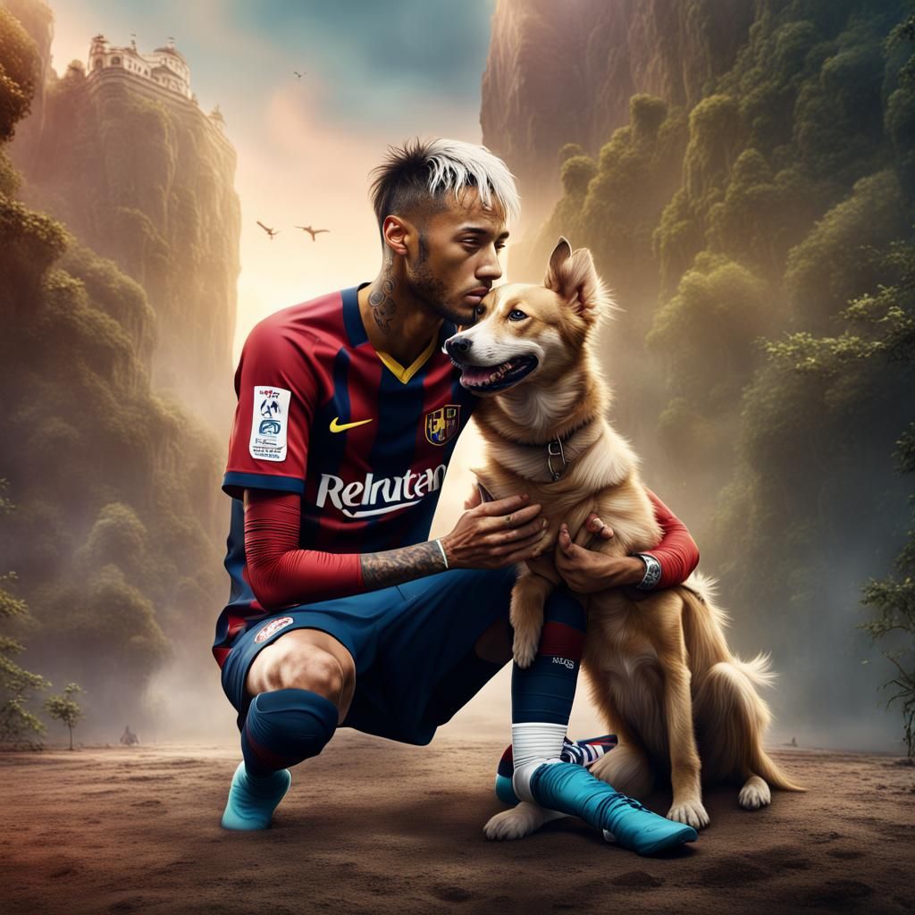 Neymar Kissing a Dog in Detailed Matte Painting