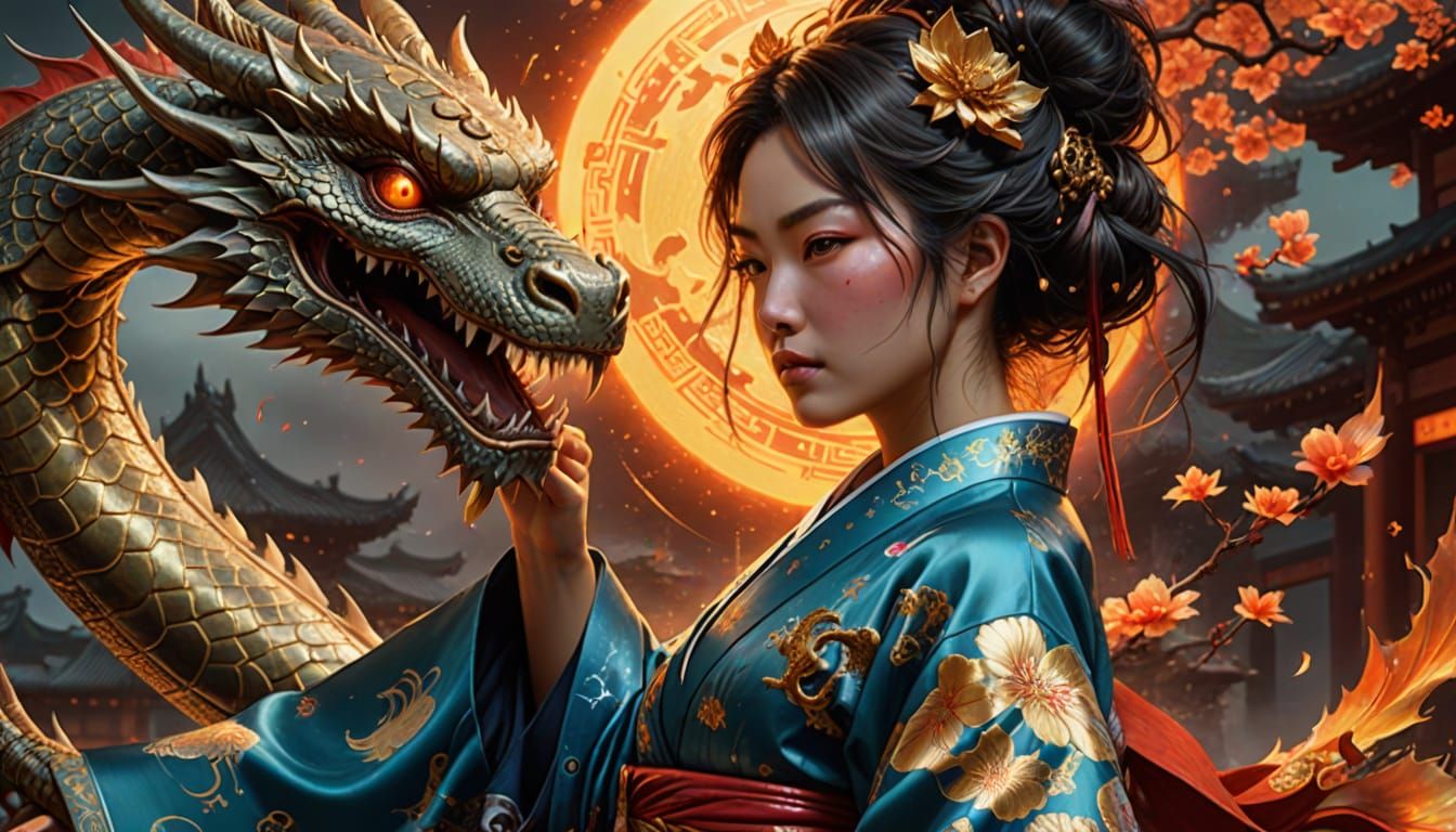 Woman and Dragon in Kimono with Celestial Symbols