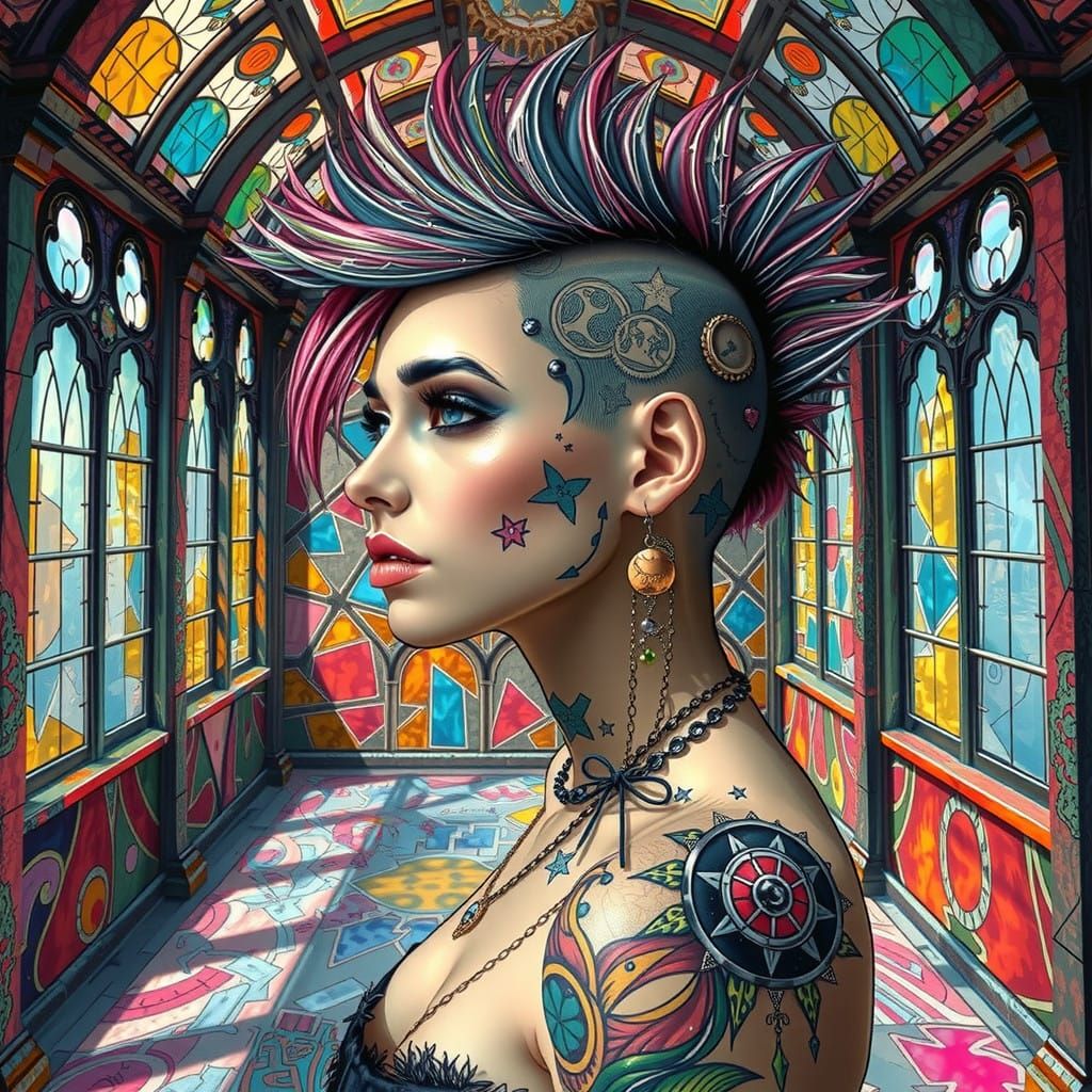 Steampunk Girl in Vibrant Stained Glass Paradise