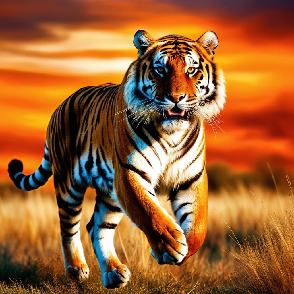 Tiger in Mid-Leap, Vibrant Orange and Black Fur Against Gold...