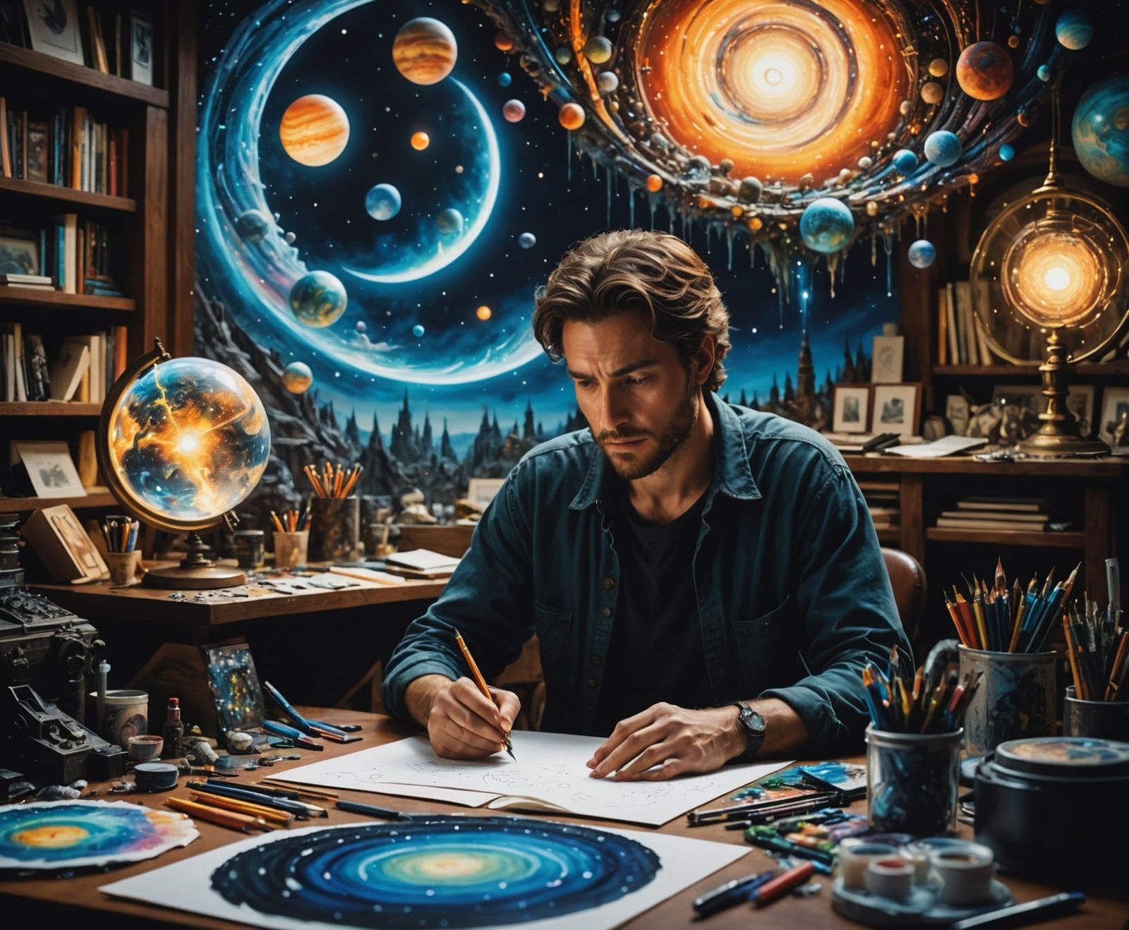 Artist's Desk with Glowing Imagination Spiral