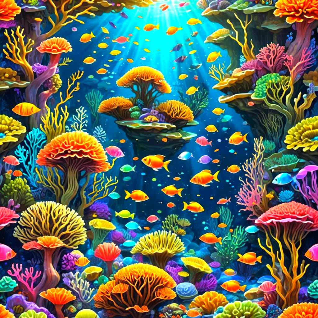 Whimsical Coral Reef Scene with Sunken Temple
