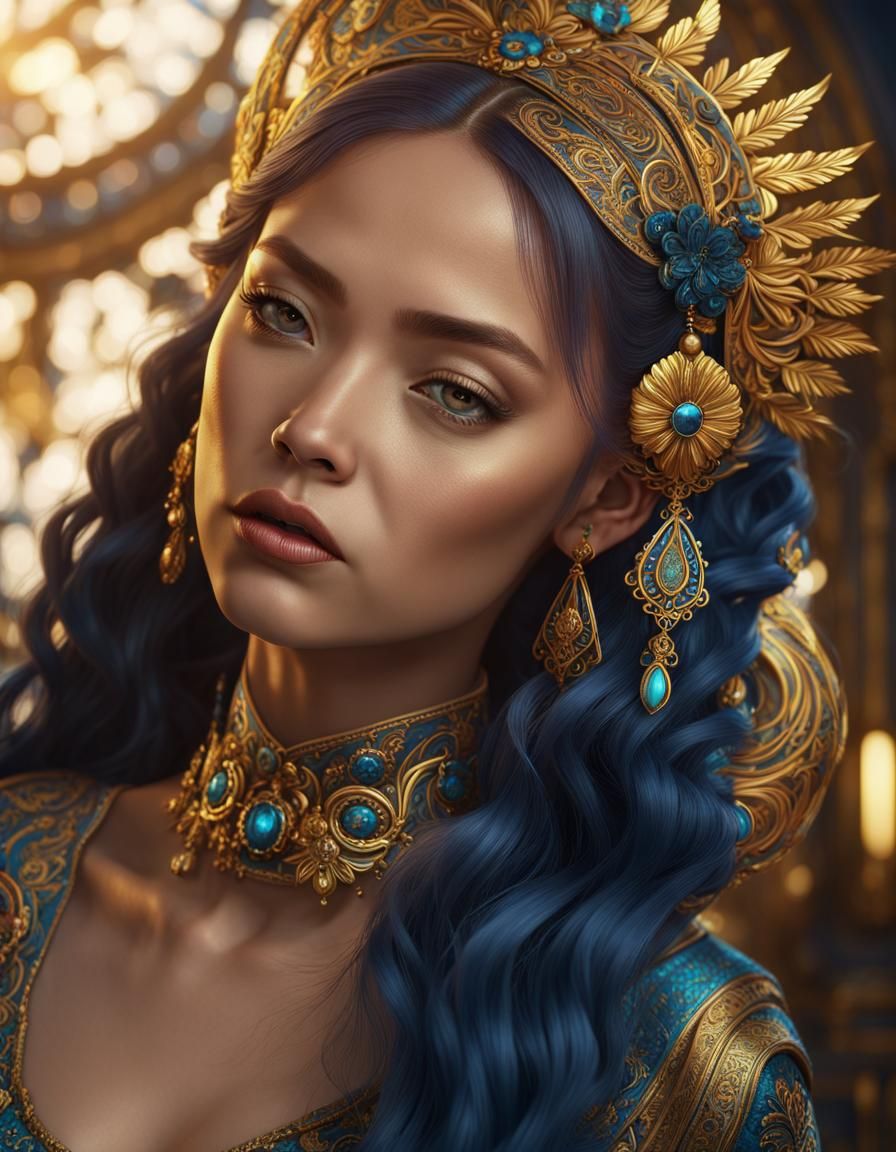 Art Nouveau Portrait of a Woman in Gold and Blue