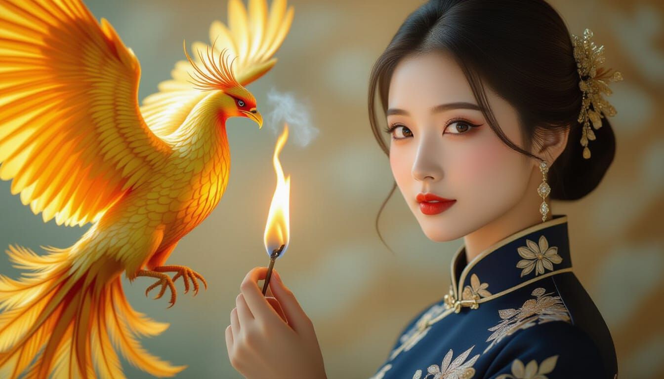 Chinese Woman with Phoenix and Burning Flame