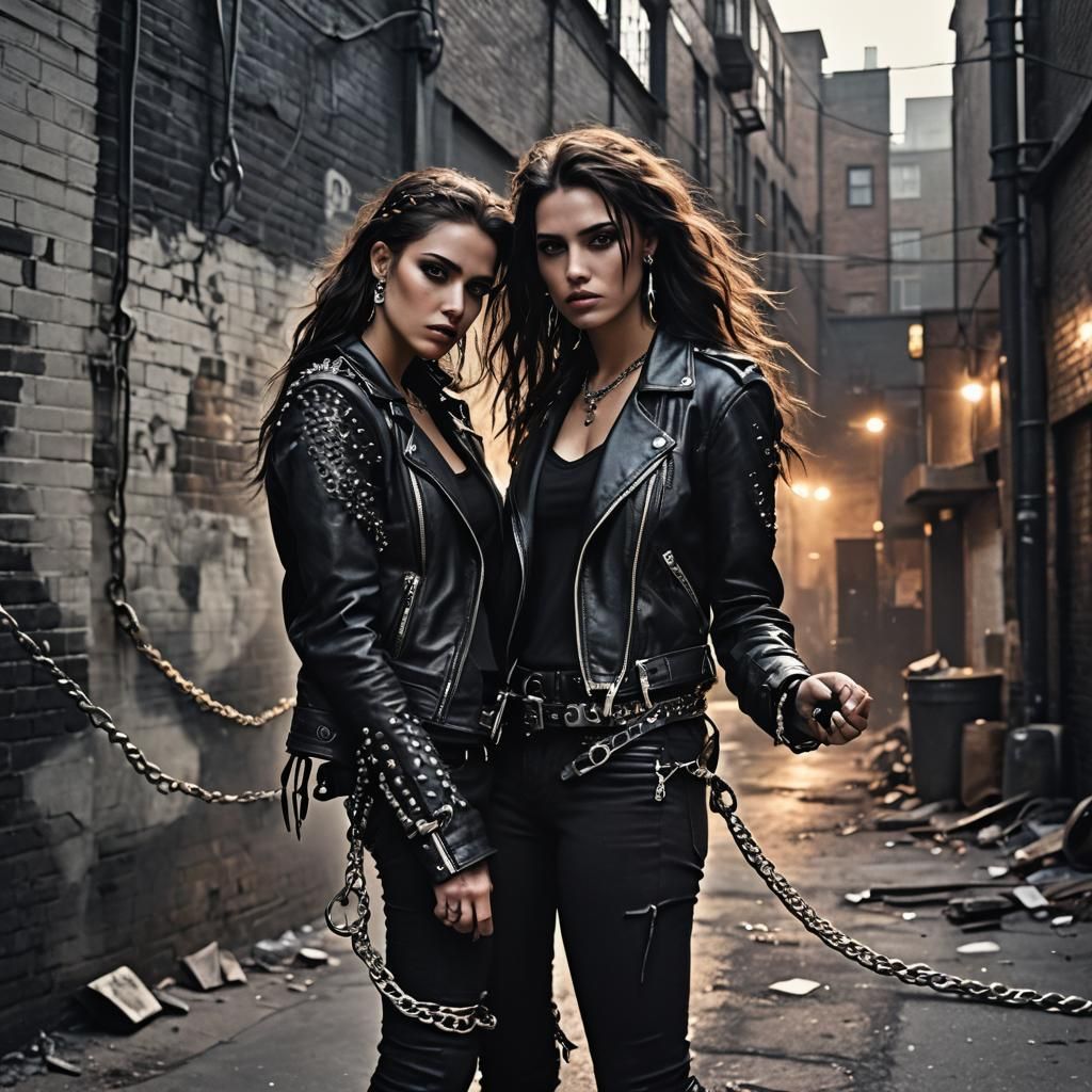 Biker Girls Embrace in Gritty Urban Setting