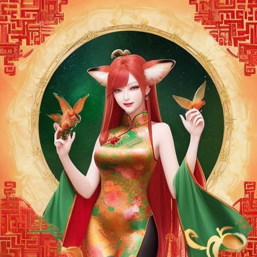 Chinese fox goddess Daji, red hair with blonde highlights, r...